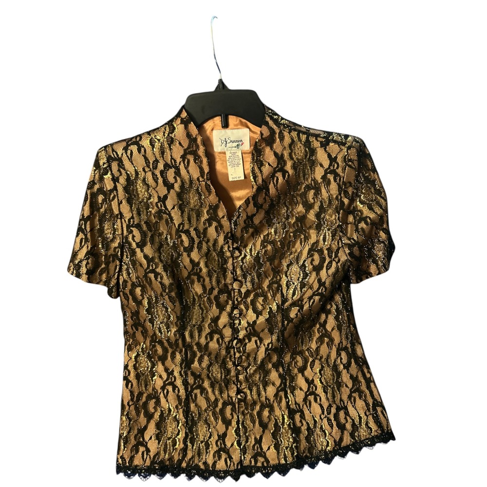 Vintage cocktail DJ Summers Metallic Gold Black Lace Button Blouse 6P Made US